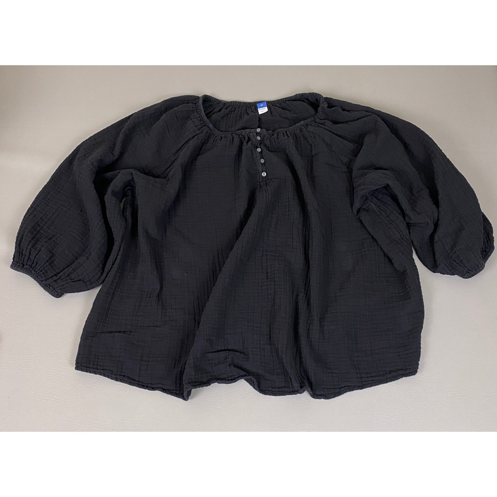 Old Navy Womens 4X Black Cotton Double Gauze Henley Peasant Blouse 3/4 Sleeve